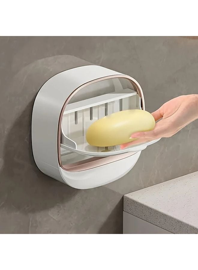 White Wall Mounted Soap Holder With Cover Double Layer No Drill Design - Image 2