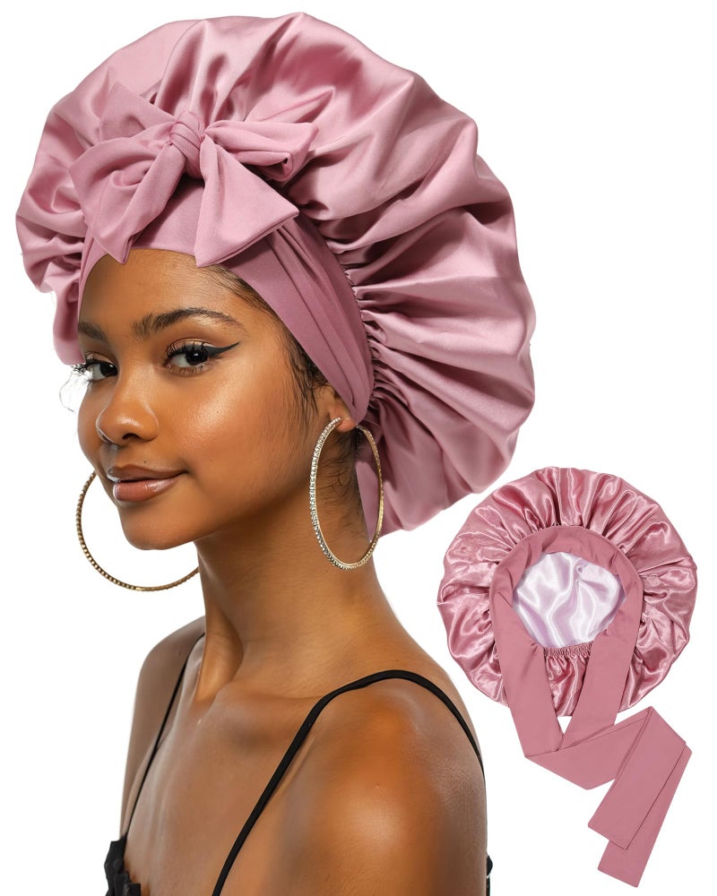 Extra Large Satin Bonnet for Sleeping Jumbo Silk Bonnet Double Layer Hair Bonnet for Women with Elastic Tie Band Sleep Bonnet Hair Wrap for Braids Curly HairBean Paste  Pink