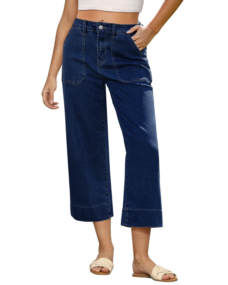 GRAPENT Women's Stretchy Capri Jeans - Dark Blue Wide Leg Cropped Jeans Size 16-18 - Image 1