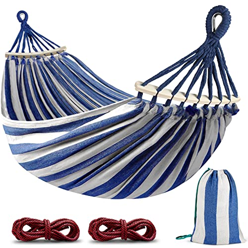 MOSFiATA Hammocks Portable Camping Hammock Upgraded 550lb Comfortable Fabric Hammock with Two Anti Roll Balance Beam and Sturdy Metal Knot Tree Straps for Camping, Patio, Backyard, Outdoor(Blue White) - Image 1