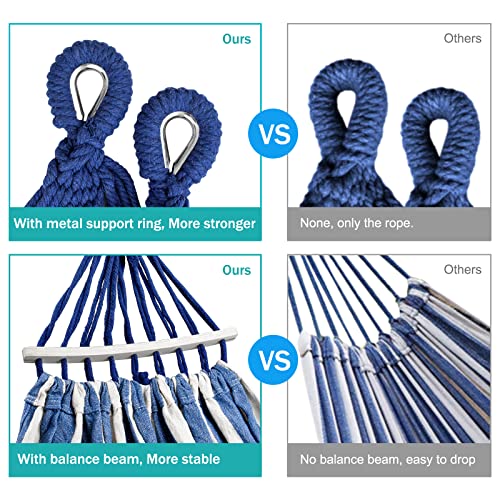MOSFiATA Hammocks Portable Camping Hammock Upgraded 550lb Comfortable Fabric Hammock with Two Anti Roll Balance Beam and Sturdy Metal Knot Tree Straps for Camping, Patio, Backyard, Outdoor(Blue White) - Image 4