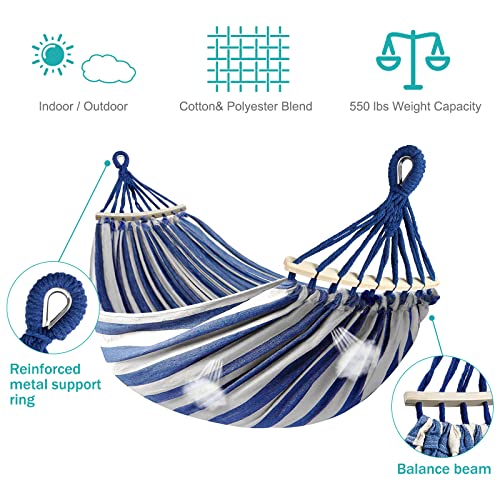 MOSFiATA Hammocks Portable Camping Hammock Upgraded 550lb Comfortable Fabric Hammock with Two Anti Roll Balance Beam and Sturdy Metal Knot Tree Straps for Camping, Patio, Backyard, Outdoor(Blue White) - Image 2