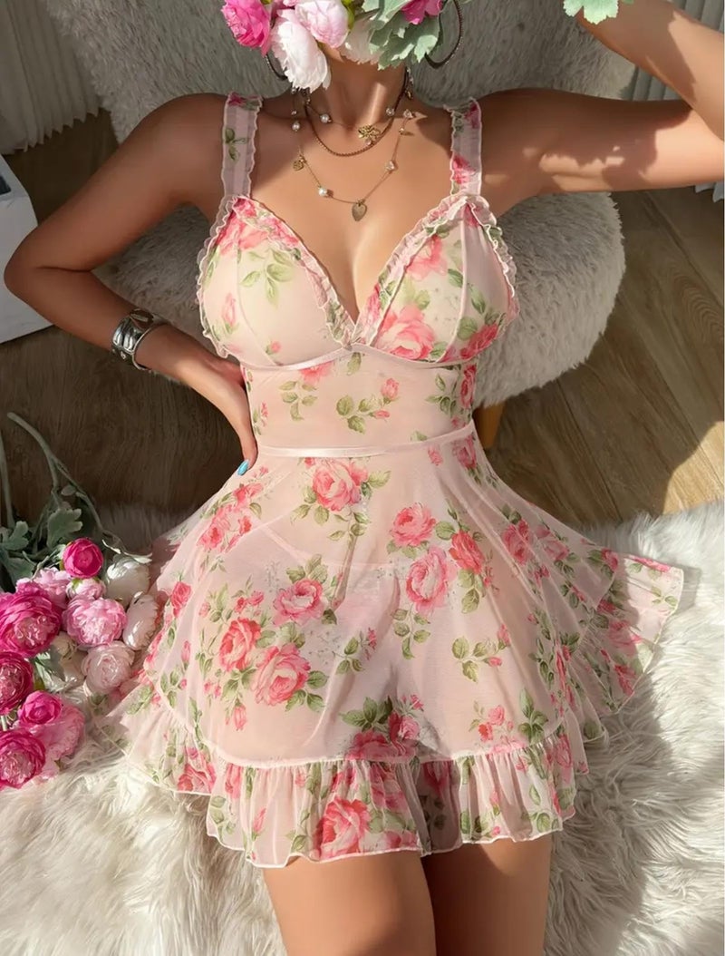 GirlFriend Women Printed Lingerie Babydoll Nightwear Chemise Nightie Bodysuit Lingerie First Night Honeymoon Mini Nightdress Sheer mesh with Panty Pink - Image 4