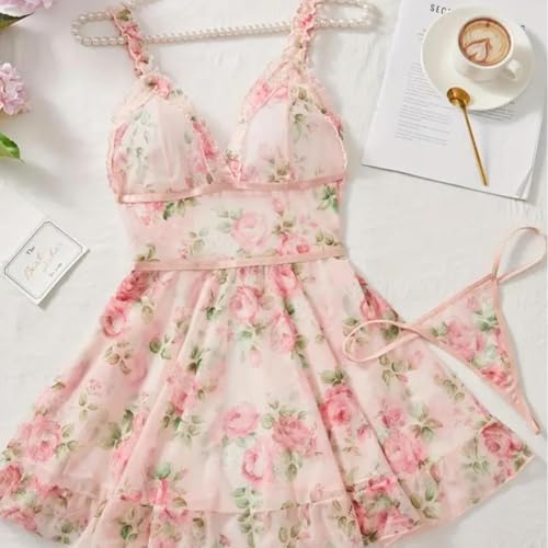 GirlFriend Women Printed Lingerie Babydoll Nightwear Chemise Nightie Bodysuit Lingerie First Night Honeymoon Mini Nightdress Sheer mesh with Panty Pink - Image 5