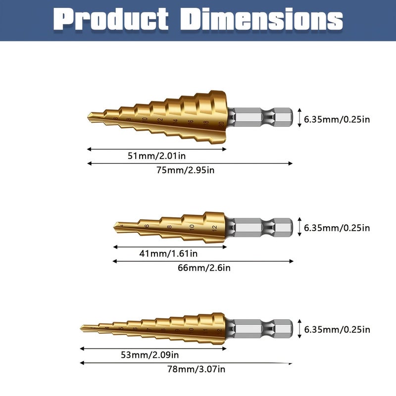 3 قطع من مثاقب الخطوة HSS المطلية 3-12 مم 4-20 mm بعمود سداسي للخشب والمعدن - Image 2