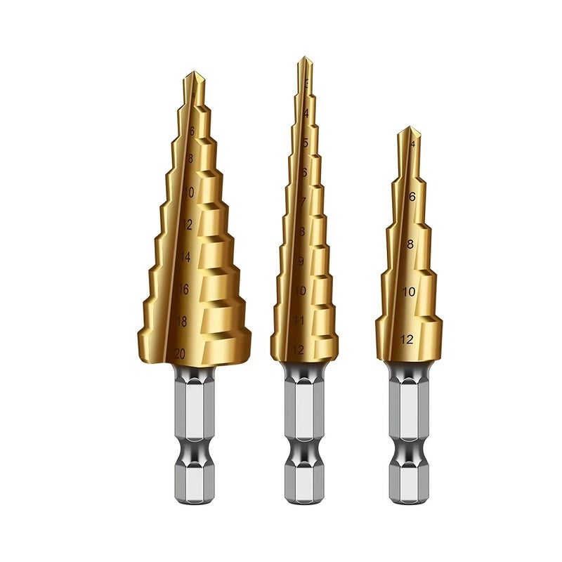 3 قطع من مثاقب الخطوة HSS المطلية 3-12 مم 4-20 mm بعمود سداسي للخشب والمعدن - Image 5