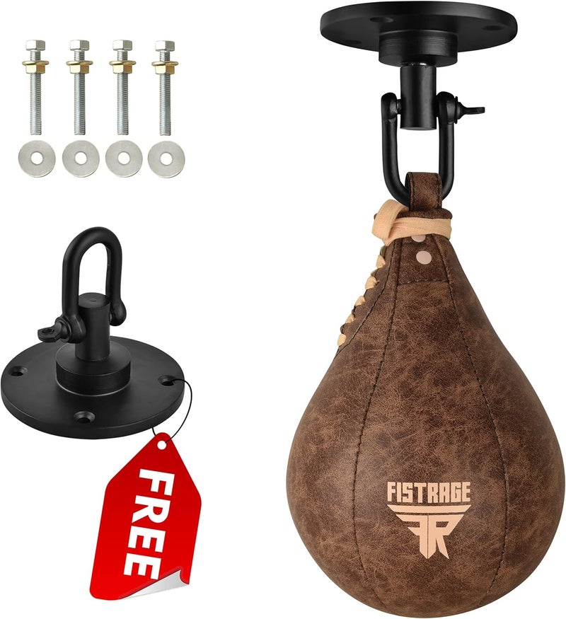 FISTRAGE FR Speed Ball Boxing Bag Leather MMA Muay Thai Training Punching Dodge Striking Kit with Free Hanging Swivel Workout Speedball Kicking Platform Equipment (Beige) - Image 2