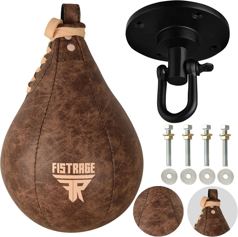 FISTRAGE FR Speed Ball Boxing Bag Leather MMA Muay Thai Training Punching Dodge Striking Kit with Free Hanging Swivel Workout Speedball Kicking Platform Equipment (Beige) - Image 1