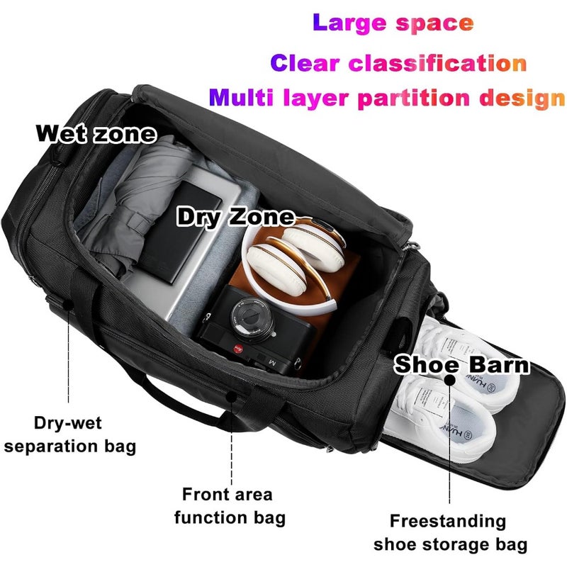 Gym Bag for Fitness Use, Nylon Material, Black Color, Dry/Wet Separation + Shoe Compartment + Water-Resistant Surface - Image 2