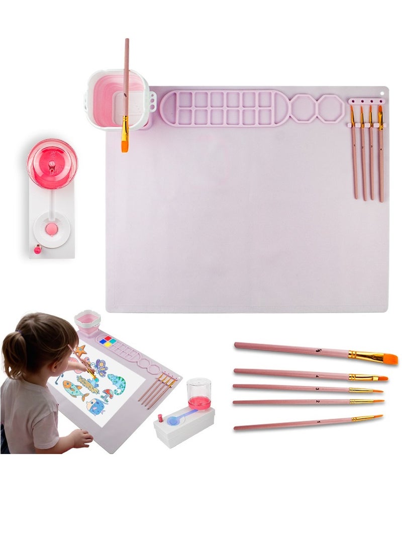UKR Silicone Painting Drawing Coloring Mat with Foldable Cup & Paintbrushes - Non-Stick Craft Mat for Kids | Easy Clean Design in Pink - Image 1