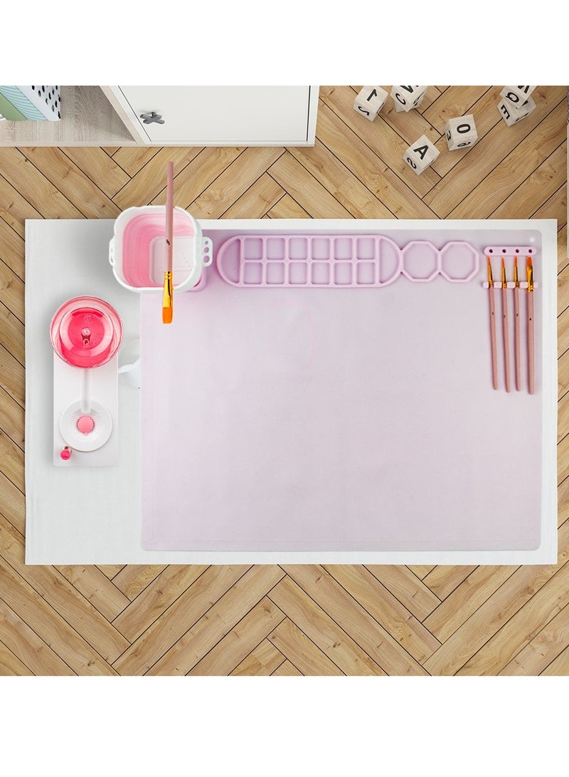 UKR Silicone Painting Drawing Coloring Mat with Foldable Cup & Paintbrushes - Non-Stick Craft Mat for Kids | Easy Clean Design in Pink - Image 2