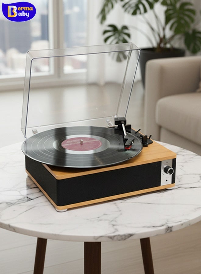 Berma Baby مشغل أسطوانات فينيل بلوتوث، قرص دوار بثلاث سرعات مع مكبرات صوت ستيريو، مشغل أسطوانات فونوغراف كلاسيكي مع مخرج خط RCA ومقبس سماعة رأس 3.5 مم ومدخل مساعد (بني + أسود) - Image 1