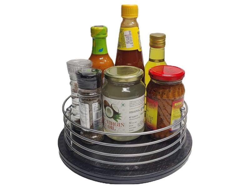 Appeasy appeasy Kitchen Storage Revolving Tray Cosmetic Organizer Bathroom Countertop Rotating Tray Lazy Susan for Kitchen105 MS Chrome Frame and Base Black Plastic  - Image 3