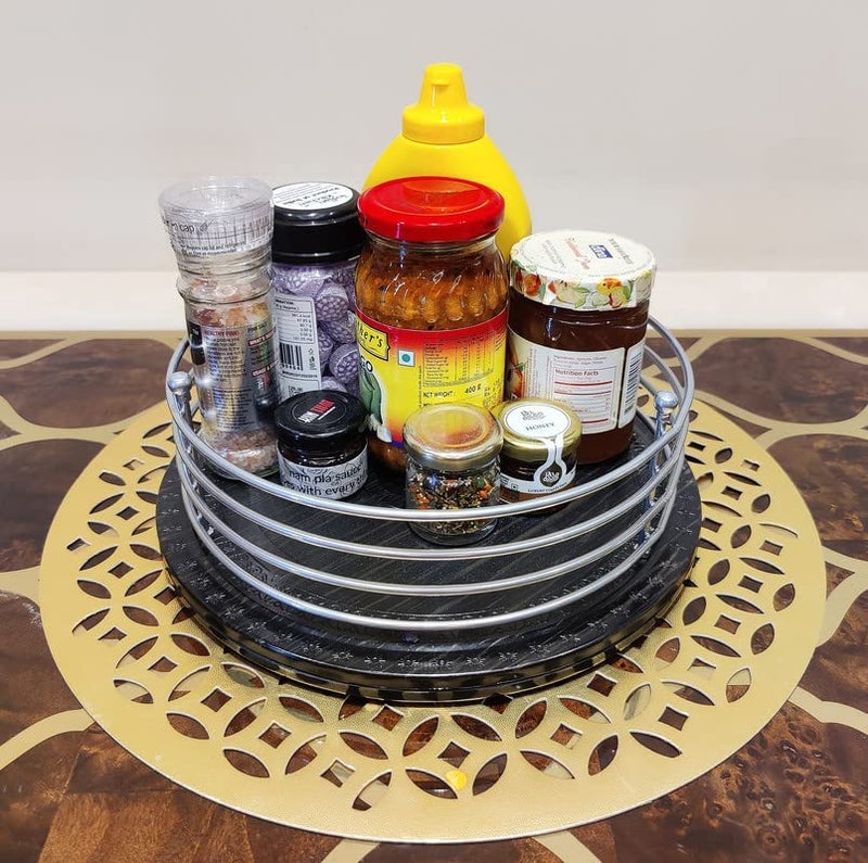 Appeasy appeasy Kitchen Storage Revolving Tray Cosmetic Organizer Bathroom Countertop Rotating Tray Lazy Susan for Kitchen105 MS Chrome Frame and Base Black Plastic  - Image 1