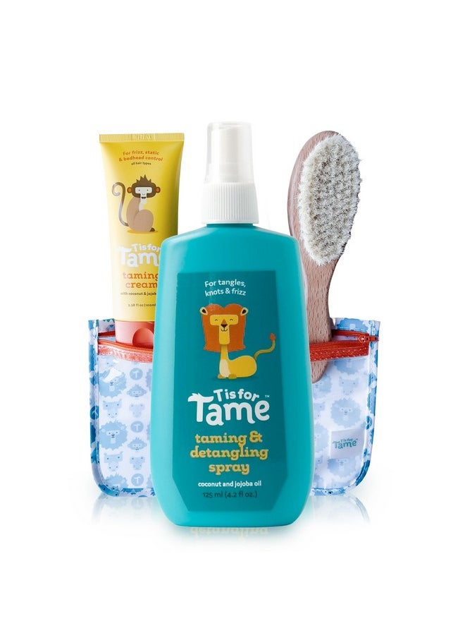 T is for Tame - Kids Hair Cream & Spray Bundle For Frizz, Flyaways & Static - Safe For Babies & Toddlers, Includes Bag & Brush  - Image 1