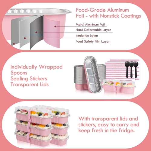 YQER 25 Pack Mini Loaf Pans with Lids and Spoons Sealing Sticker, 6.8oz Mini Cake Pans for Baking, Disposable Aluminum Foil Loaf Pans, Pink Loaf Baking Pans, Small Cake Containers With Lids - Image 4