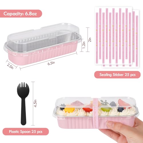 YQER 25 Pack Mini Loaf Pans with Lids and Spoons Sealing Sticker, 6.8oz Mini Cake Pans for Baking, Disposable Aluminum Foil Loaf Pans, Pink Loaf Baking Pans, Small Cake Containers With Lids - Image 5