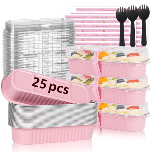 YQER 25 Pack Mini Loaf Pans with Lids and Spoons Sealing Sticker, 6.8oz Mini Cake Pans for Baking, Disposable Aluminum Foil Loaf Pans, Pink Loaf Baking Pans, Small Cake Containers With Lids - Image 1