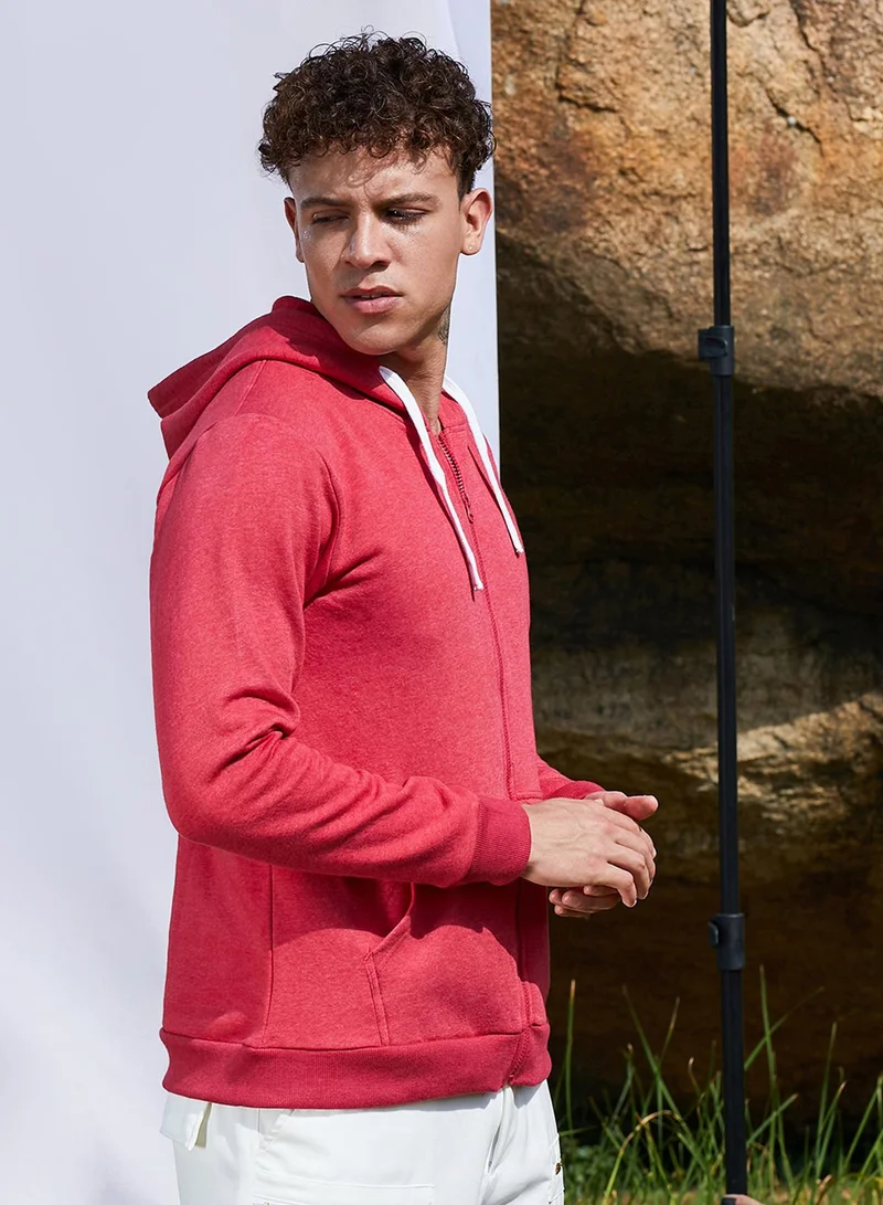 Campus Sutra Men's Red Zip-Front Hoodie With Contrast Drawstring For Casual Wear | Hooded Neck | Long Sleeve | Zipper Closure | Cotton Sweatshirt Crafted With Comfort Fit For Everyday Wear