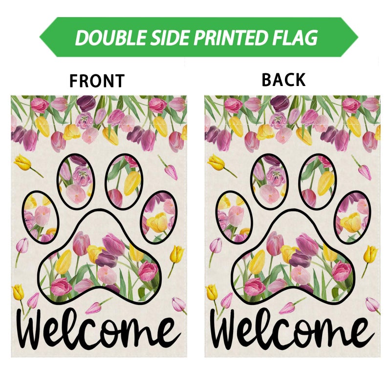 ZAEW Welcome Dog Paw Tulips Spring Garden Flag Summer Seasonal Yard Flag 12x18 Inch Double Sided Small Mini Yard Outdoor Outside Holiday Decoration - Image 4