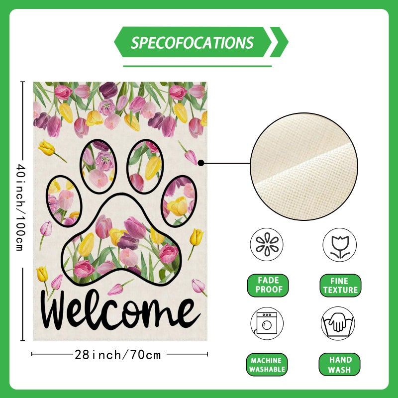 ZAEW Welcome Dog Paw Tulips Spring Garden Flag Summer Seasonal Yard Flag 12x18 Inch Double Sided Small Mini Yard Outdoor Outside Holiday Decoration - Image 5