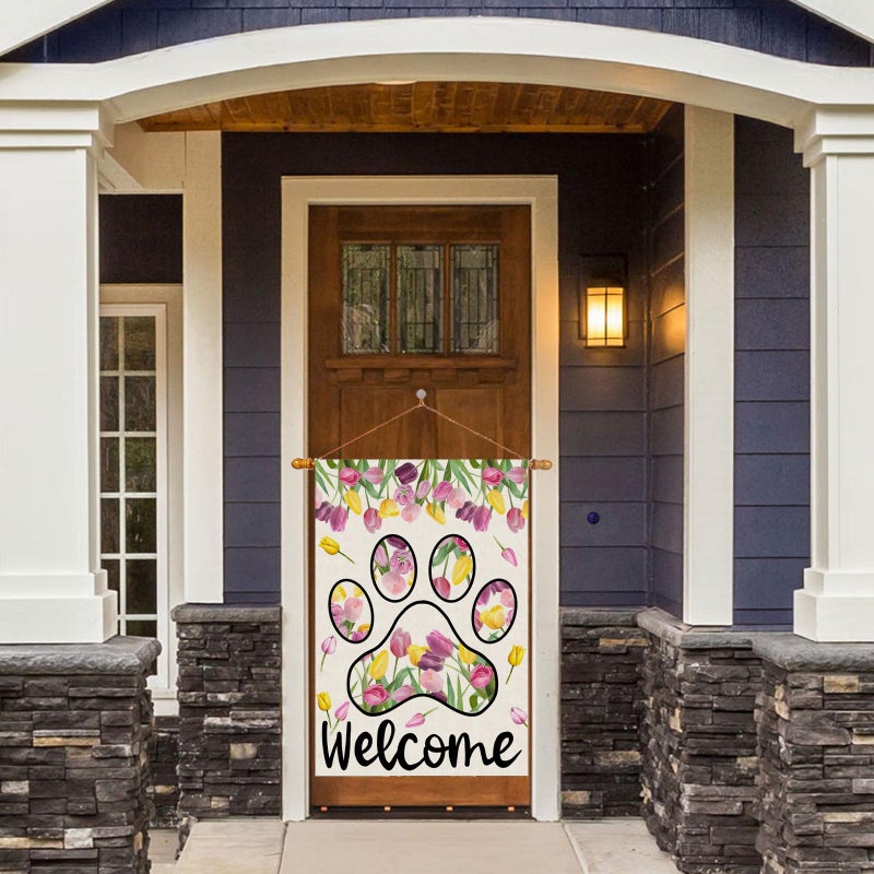 ZAEW Welcome Dog Paw Tulips Spring Garden Flag Summer Seasonal Yard Flag 12x18 Inch Double Sided Small Mini Yard Outdoor Outside Holiday Decoration - Image 2