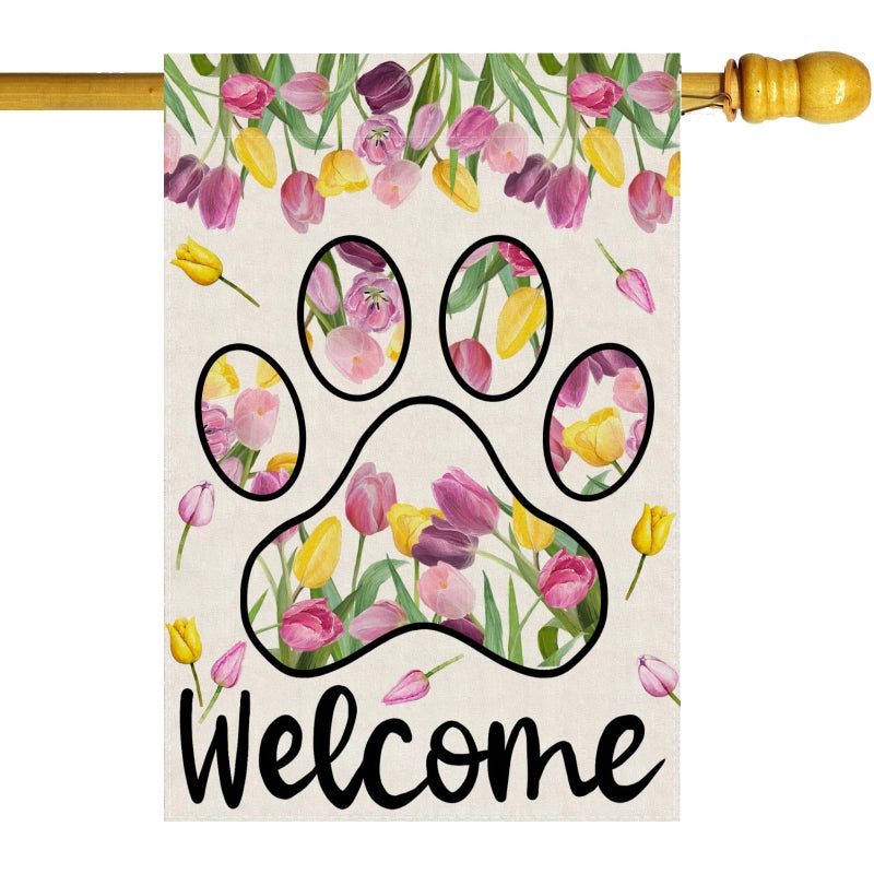 ZAEW Welcome Dog Paw Tulips Spring Garden Flag Summer Seasonal Yard Flag 12x18 Inch Double Sided Small Mini Yard Outdoor Outside Holiday Decoration - Image 1