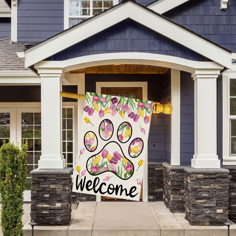 ZAEW Welcome Dog Paw Tulips Spring Garden Flag Summer Seasonal Yard Flag 12x18 Inch Double Sided Small Mini Yard Outdoor Outside Holiday Decoration - Image 3