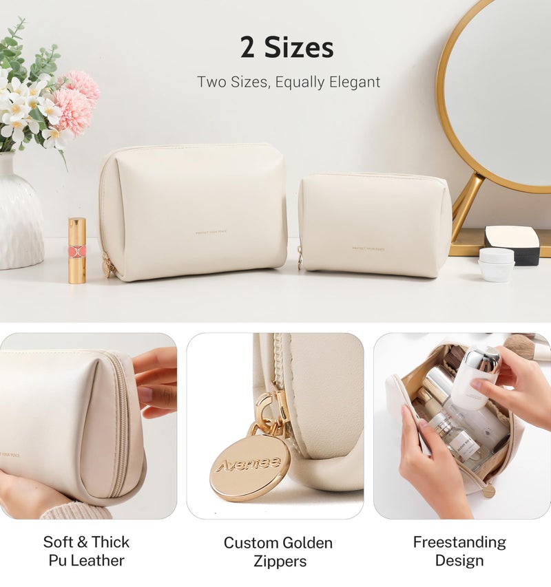 Aveniee Travel Makeup Bag Small, Vegan Leather Cosmetic Pouch for Purse, Wide-open Toiletry Organizer with Dividers & Zipper for Women-Beige - Image 3