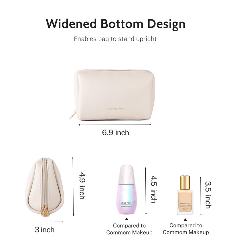 Aveniee Travel Makeup Bag Small, Vegan Leather Cosmetic Pouch for Purse, Wide-open Toiletry Organizer with Dividers & Zipper for Women-Beige - Image 5