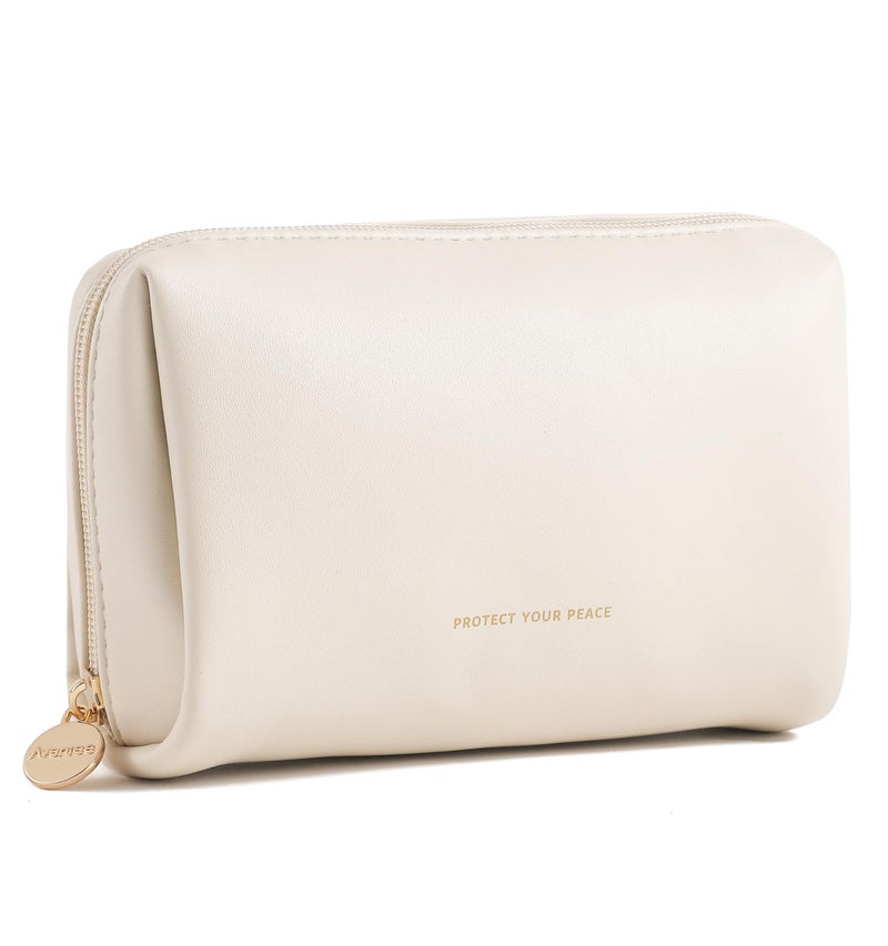 Aveniee Travel Makeup Bag Small, Vegan Leather Cosmetic Pouch for Purse, Wide-open Toiletry Organizer with Dividers & Zipper for Women-Beige - Image 1