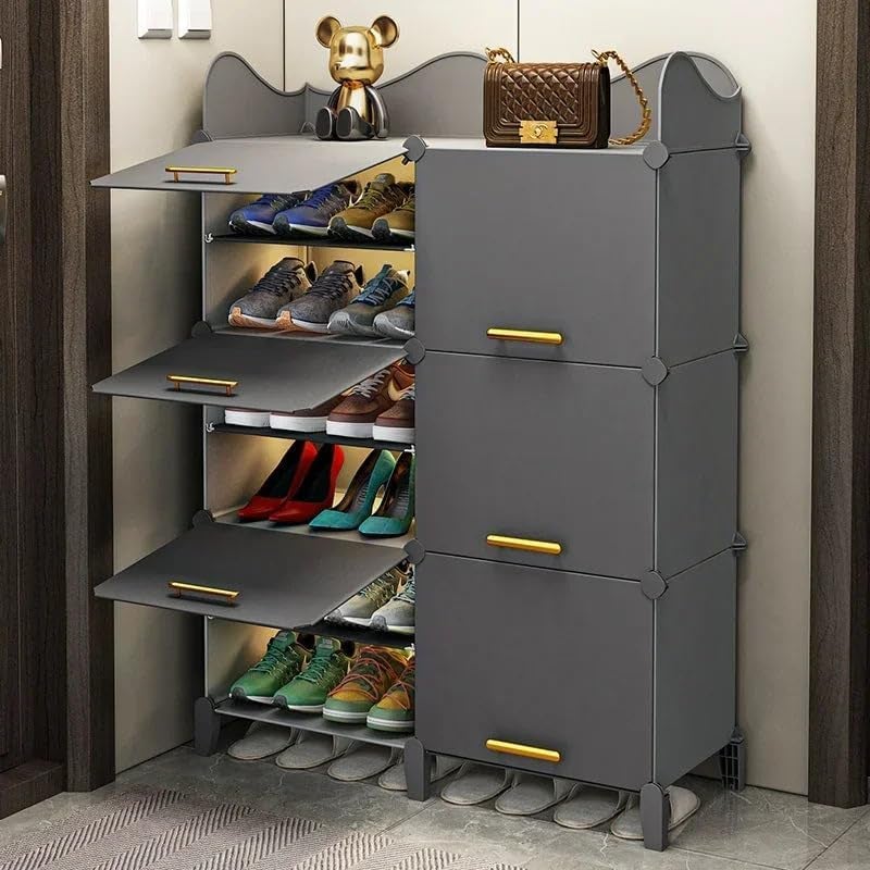 SNKR ESSENTIALS Stylish Multi-Layer Shoe Rack with Dustproof Doors and Side Hooks | 6 Door-12 Shelf Space-Saving Shoe Organizer Cabinet for Home & Office | Modular Shoe Rack, DIY (Grey&Orenge, 6-DOOR) - Image 1