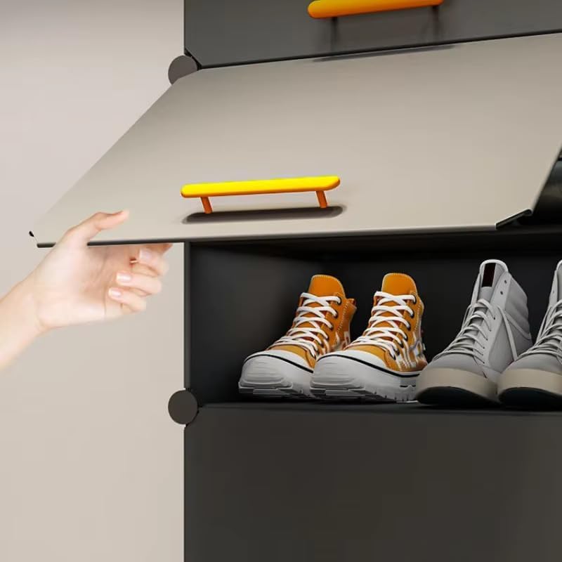 SNKR ESSENTIALS Stylish Multi-Layer Shoe Rack with Dustproof Doors and Side Hooks | 6 Door-12 Shelf Space-Saving Shoe Organizer Cabinet for Home & Office | Modular Shoe Rack, DIY (Grey&Orenge, 6-DOOR) - Image 3