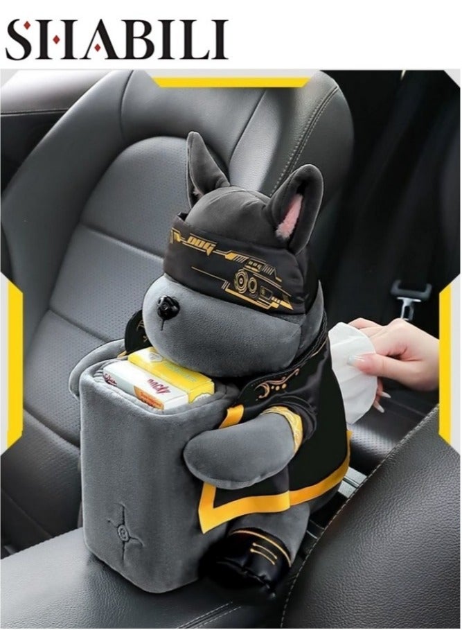 شبيلي حامل علبة مناديل للسيارة على شكل كلب لطيف من القطيفة، سلة مهملات متعددة الوظائف للسيارة، صندوق تخزين مناديل ناعم من الكرتون، حاوية موزع مناديل أنيقة للمكتب والمنزل والسيارة والمكتب، عبوة واحدة - Image 1