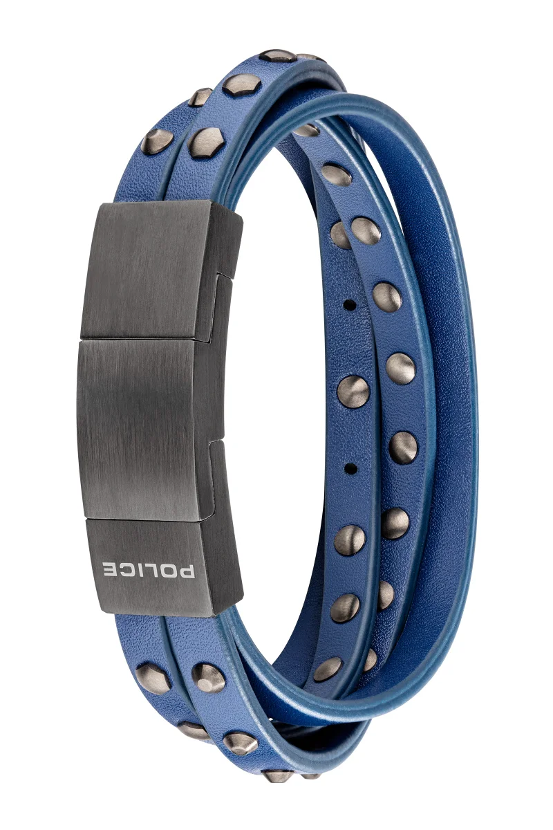 POLICE Bratan Wrap Navy blue Leather & Grey Bracelet for Men