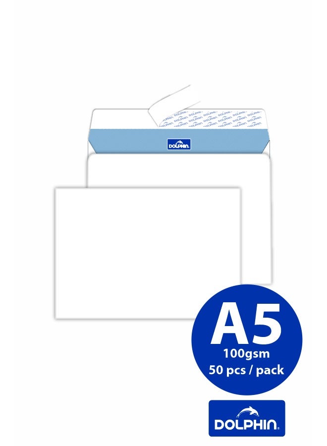 Dolphin White Premium Envelopes 10"x7", A5 Size, 100 GSM, Peel & Seal – Pack of 50, Premium Quality, Made in Malaysia  - Image 1