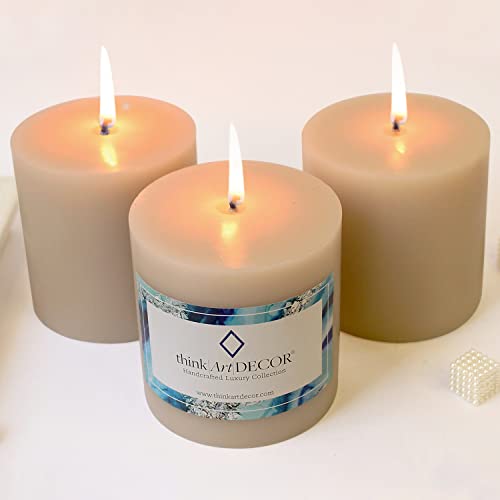 ThinkArtDecor Unscented Pillar Candles Set of 3 | 55 Hrs Each | 3X3 inch Smokeless & Dripless Wax Candles for Home Decor | Ivory - Image 1