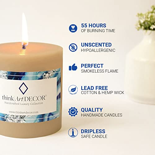 ThinkArtDecor Unscented Pillar Candles Set of 3 | 55 Hrs Each | 3X3 inch Smokeless & Dripless Wax Candles for Home Decor | Ivory - Image 4