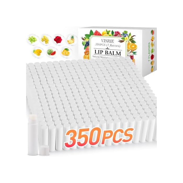 VISRIE 350 Pack Lip Balm Unlabeled, Natural Lip Balm Bulk Blank Tube, Personalized Lip Balms for Party Favors Adults and Bridal Shower Favors or Baby Shower Gifts-7 Flavors