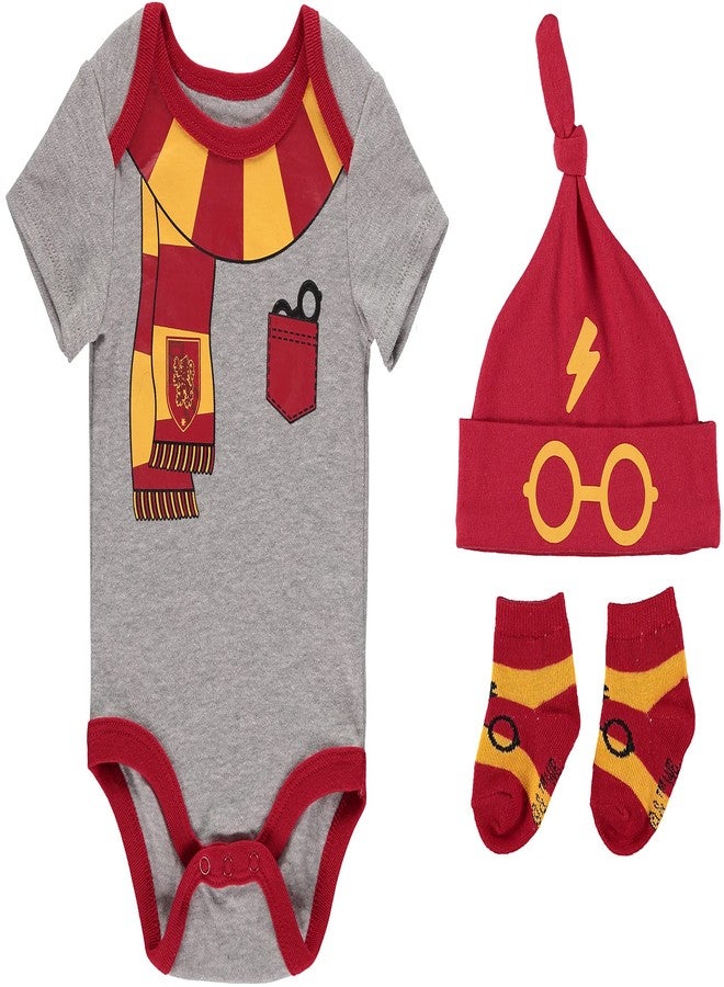 Harry Potter Baby Boys Clothing 3-Piece Set with Bodysuit, Hat, and Socks Gifts Baby Clothes (3 Pack Grey/Red/Yellow, 3-6M) - Image 1