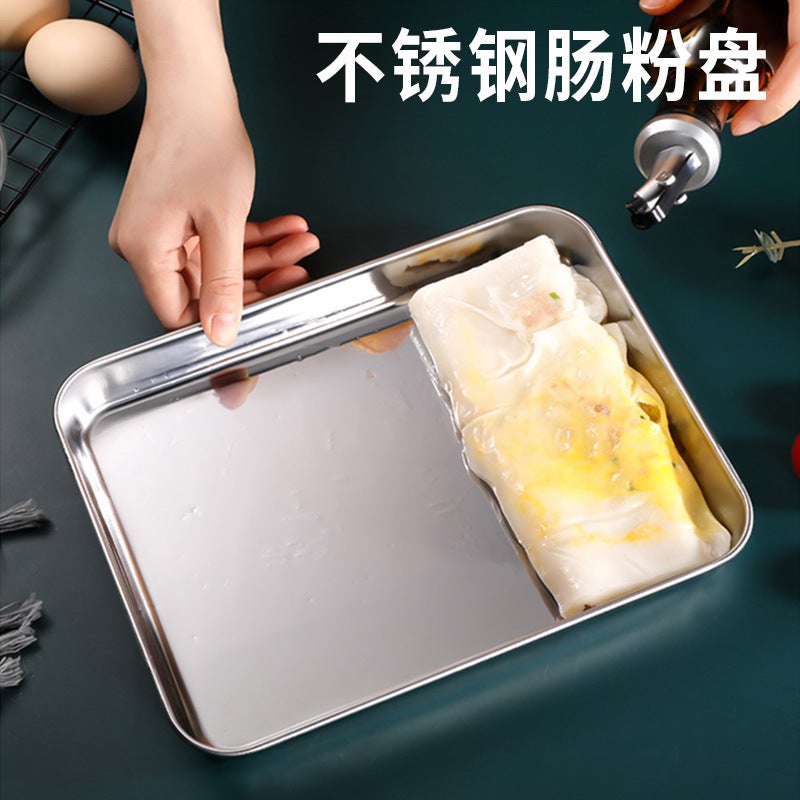 Stainless Steel Plate Rectangular Flat Bottom Barbecue Tray Restaurant Spare Dish Rice Roll Steaming Plate Heat-Resistant - Image 2