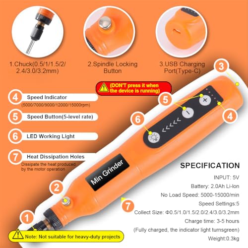 Verilux Mini Cordless Rotary Tool Kit,Mini Drill Machine with 5 Speeds & USB Charging with 58 Accessories,3.7V Power Rotary Tool for Sanding,Polishing,Drilling,Etching,Engraving,Carving,DIY Crafts - Image 3