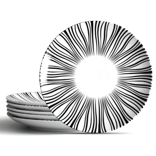 AYFDISHS 6" Appetizer Plates Set of 6, Black and White Striped Ceramic Dessert Plates, Zebra Pattern Dinner Plates Set for Salad Sandwiches, Minimalist Porcelain Dish Set, Microwave & Dishwasher Safe - Image 1