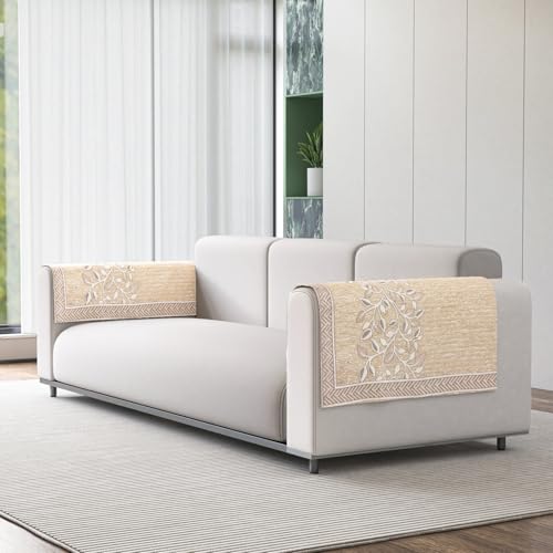 Nendle Premium Chenille Floral Sofa Mat Arms Cover Only – Soft & Durable Protector for L Shape/Standard Sofa Set (58 cm, Beige, 1 Piece) - Image 1
