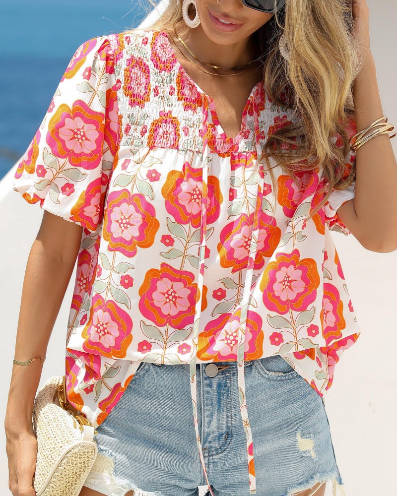 KIRUNDO Boho Tops for Women Summer 2026 Dressy Floral Blouse V Neck Drawstring Short Sleeve Shirts Beach Vacation Clothes(White Pink Flower, Large) - Image 2