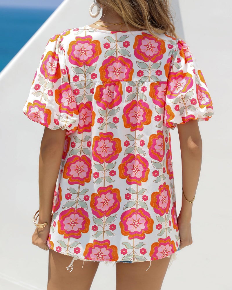 KIRUNDO Boho Tops for Women Summer 2026 Dressy Floral Blouse V Neck Drawstring Short Sleeve Shirts Beach Vacation Clothes(White Pink Flower, Large) - Image 3