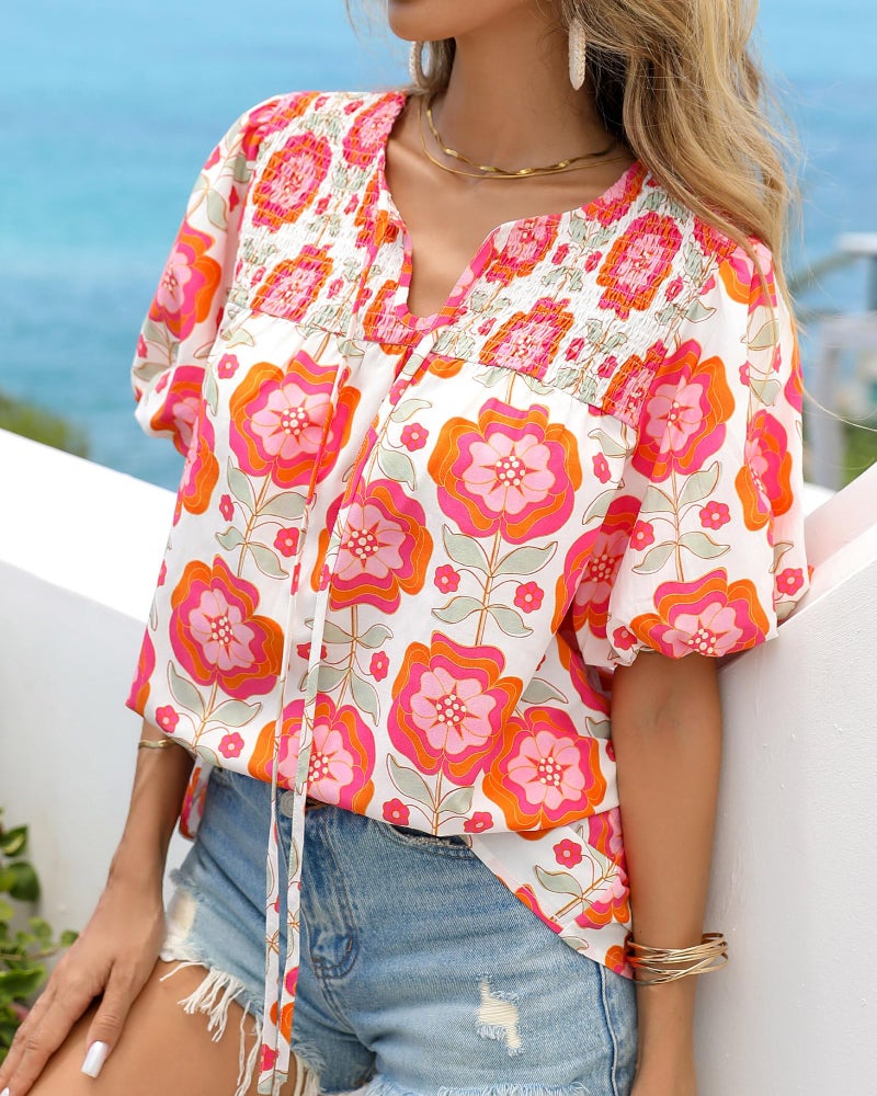KIRUNDO Boho Tops for Women Summer 2026 Dressy Floral Blouse V Neck Drawstring Short Sleeve Shirts Beach Vacation Clothes(White Pink Flower, Large) - Image 5