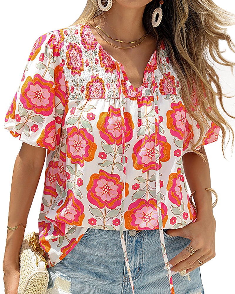 KIRUNDO Boho Tops for Women Summer 2026 Dressy Floral Blouse V Neck Drawstring Short Sleeve Shirts Beach Vacation Clothes(White Pink Flower, Large) - Image 1