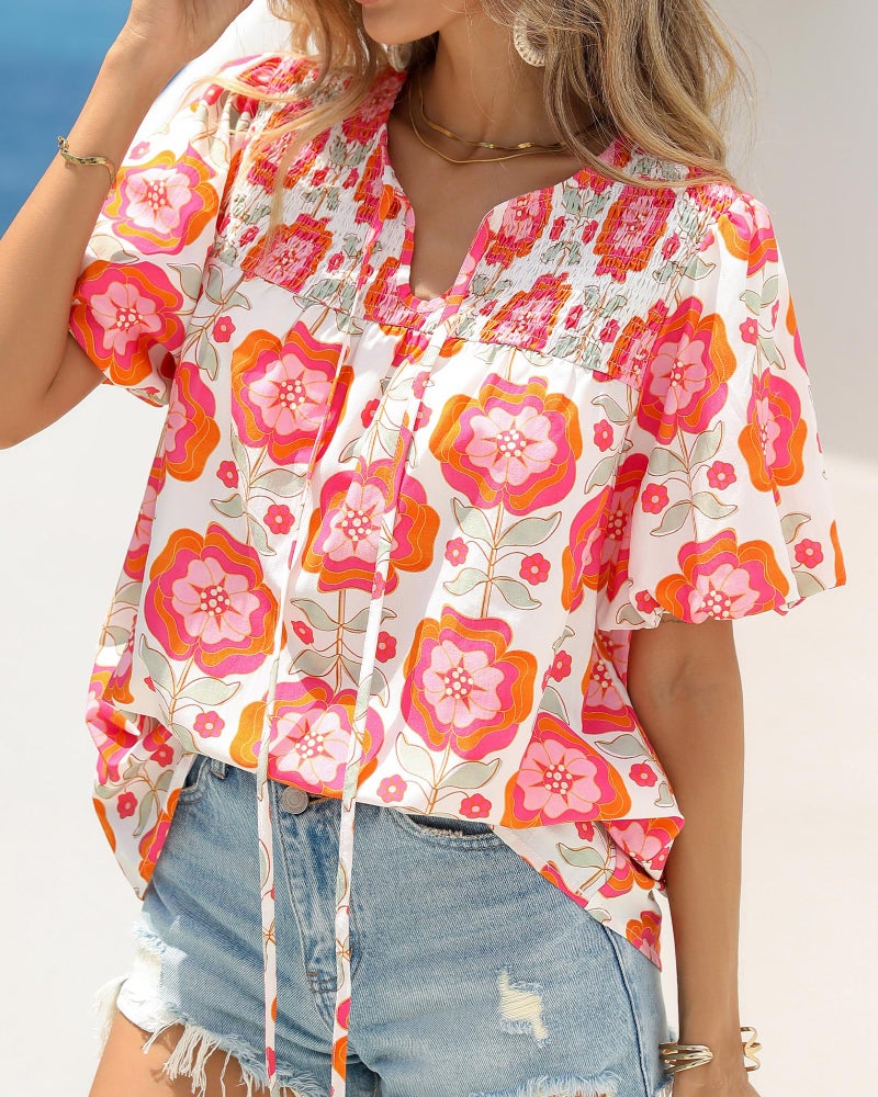 KIRUNDO Boho Tops for Women Summer 2026 Dressy Floral Blouse V Neck Drawstring Short Sleeve Shirts Beach Vacation Clothes(White Pink Flower, Large) - Image 4