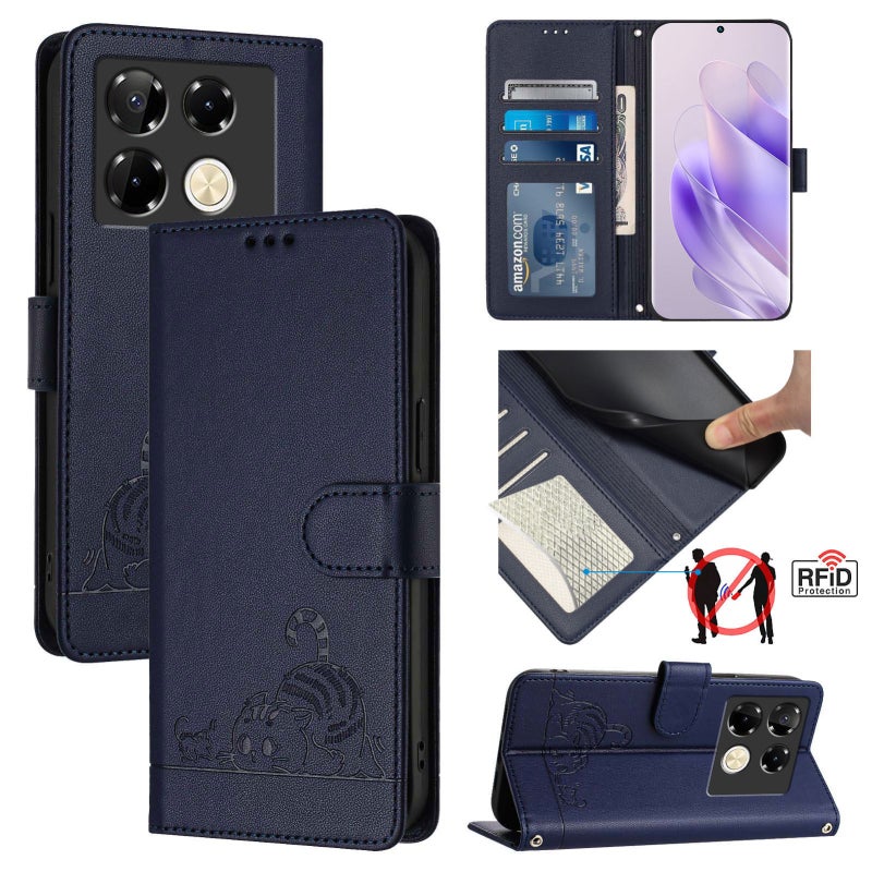 BURAQ Case Cover For Infinix Note 40 Pro 5G X6851 Cat Rat Embossed Pattern RFID Leather Phone Case with Lanyard(Blue) - Image 1